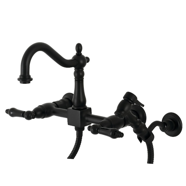 Duchess Wall Mount Bridge Kitchen Faucet W/ Brass Sprayer, Black